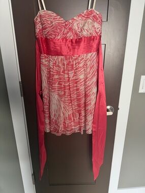BCBGMaxAzria Coral and Cream Strapless Cocktail Dress